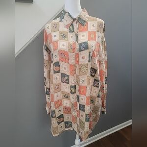 Vintage 100% Silk Button Down Shirt size 22 80s Retro Floral Print